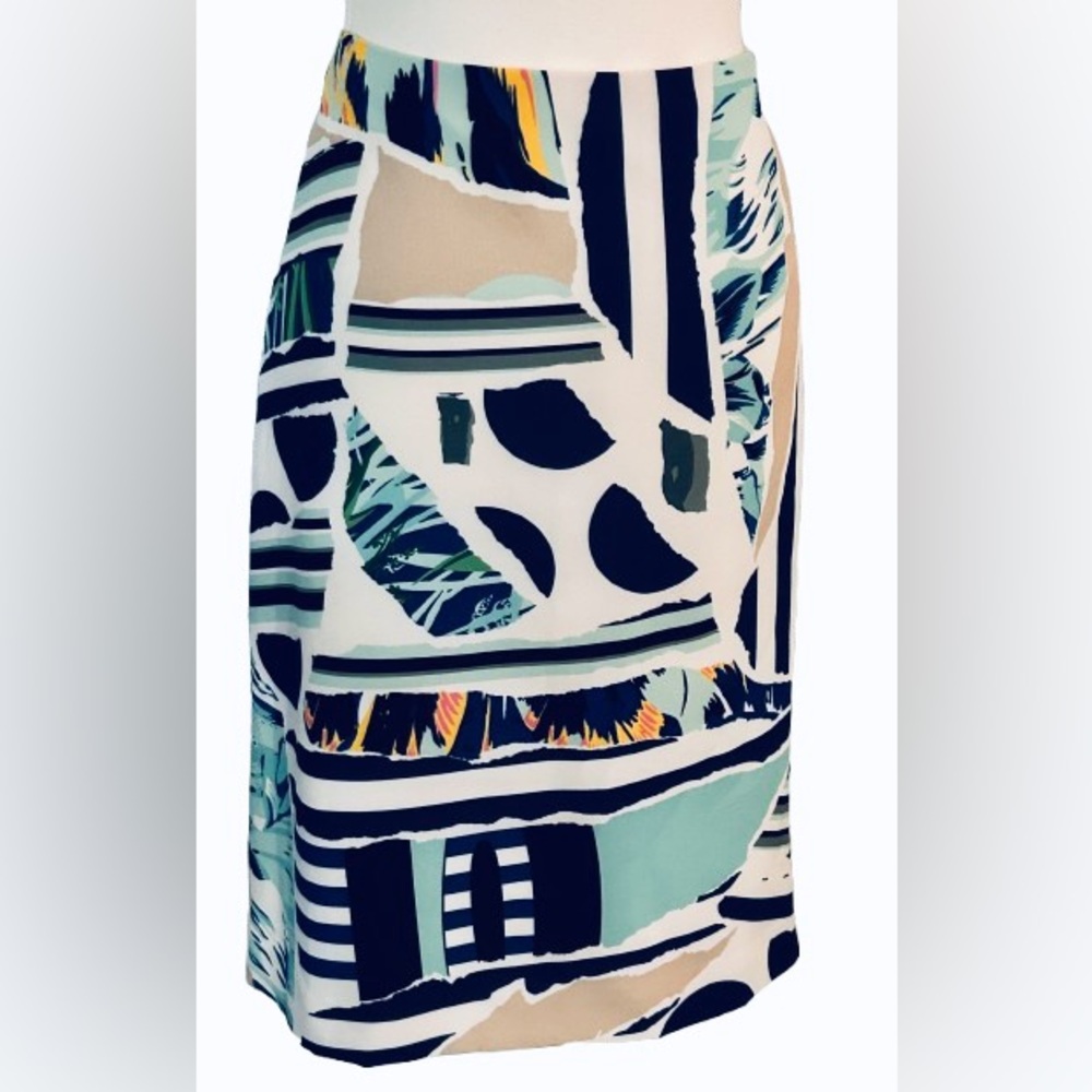 Gorgeous Per Se Patterned Skirt White Aqua Blue Tan Sz 12 Designer Pencil